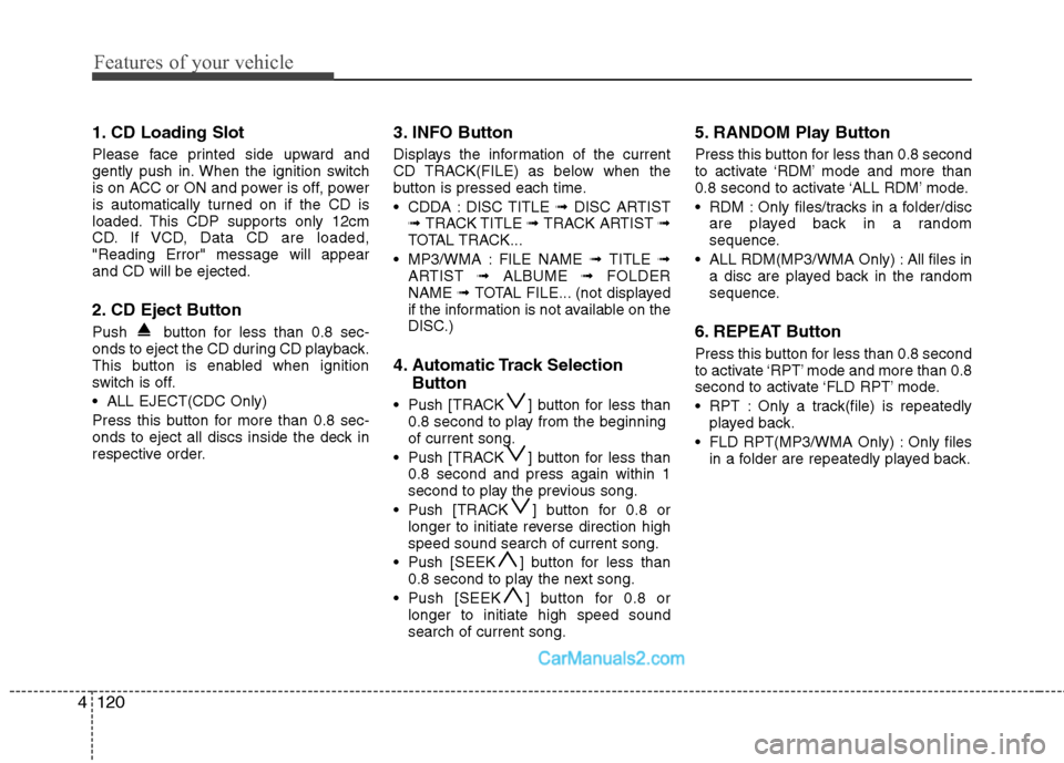 Hyundai Santa Fe 2011  Owners Manual - RHD (UK, Australia) Features of your vehicle
120
4
1. CD Loading Slot 
Please face printed side upward and 
gently push in. When the ignition switch
is on ACC or ON and power is off, power
is automatically turned on if t