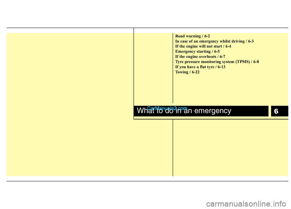 Hyundai Santa Fe 2011  Owners Manual - RHD (UK, Australia) 6
Road warning / 6-2 
In case of an emergency whilst driving / 6-3
If the engine will not start / 6-4
Emergency starting / 6-5
If the engine overheats / 6-7
Tyre pressure monitoring system (TPMS) / 6-