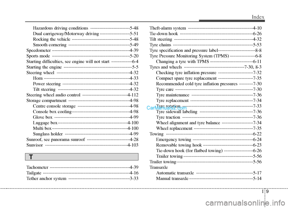 Hyundai Santa Fe 2011  Owners Manual - RHD (UK, Australia) I9
Index
Hazardous driving conditions  ··································5-48 
Dual carrigeway/Motorway driving ··························5-