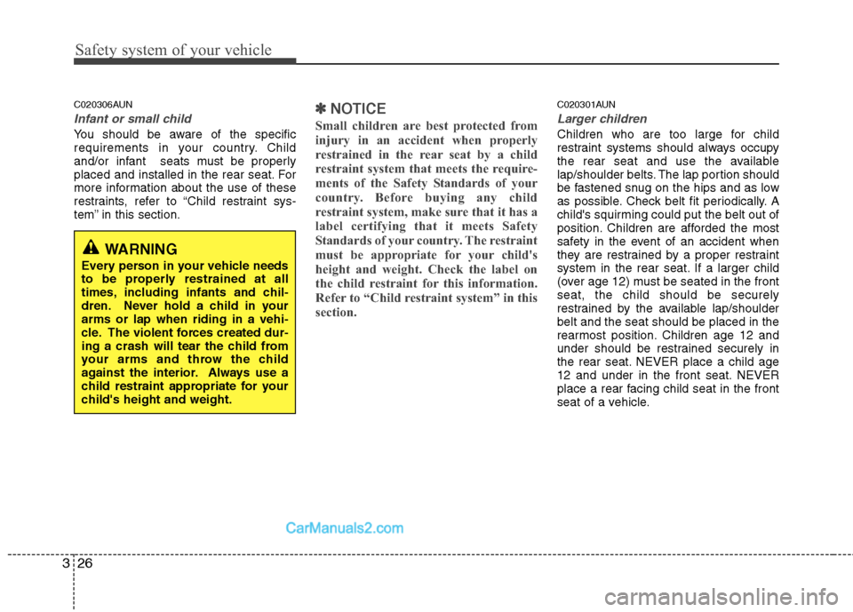 Hyundai Santa Fe 2011  Owners Manual - RHD (UK, Australia) Safety system of your vehicle
26
3
C020306AUN
Infant or small child
You should be aware of the specific 
requirements in your country. Child
and/or infant  seats must be properly
placed and installed 