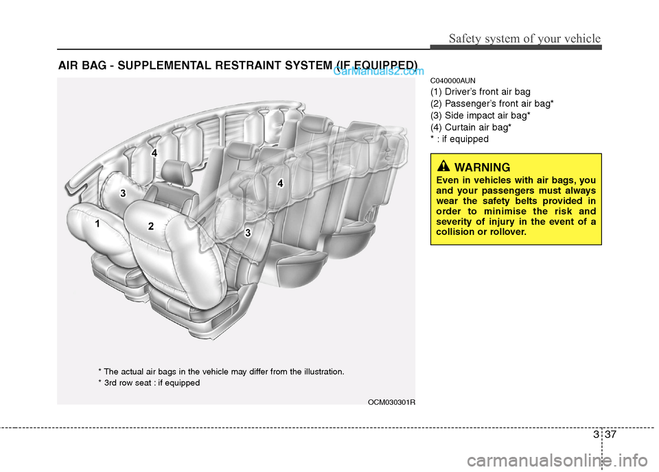 Hyundai Santa Fe 2011  Owners Manual - RHD (UK, Australia) 337
Safety system of your vehicle
C040000AUN 
(1) Driver’s front air bag
(2) Passenger’s front air bag*(3) Side impact air bag*
(4) Curtain air bag*
* : if equipped
AIR BAG - SUPPLEMENTAL RESTRAIN