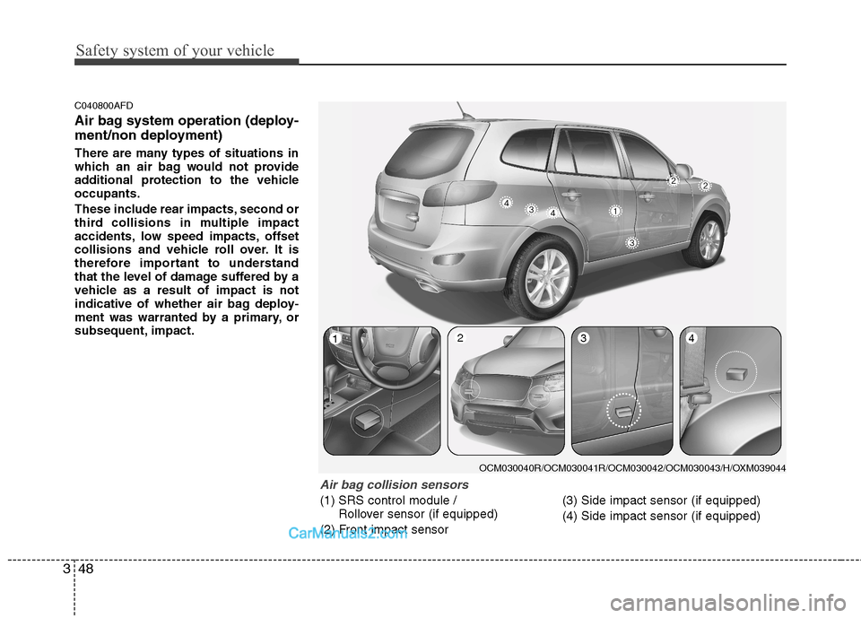 Hyundai Santa Fe 2011  Owners Manual - RHD (UK, Australia) Safety system of your vehicle
48
3
C040800AFD 
Air bag system operation (deploy- 
ment/non deployment) 
There are many types of situations in 
which an air bag would not provide
additional protection 