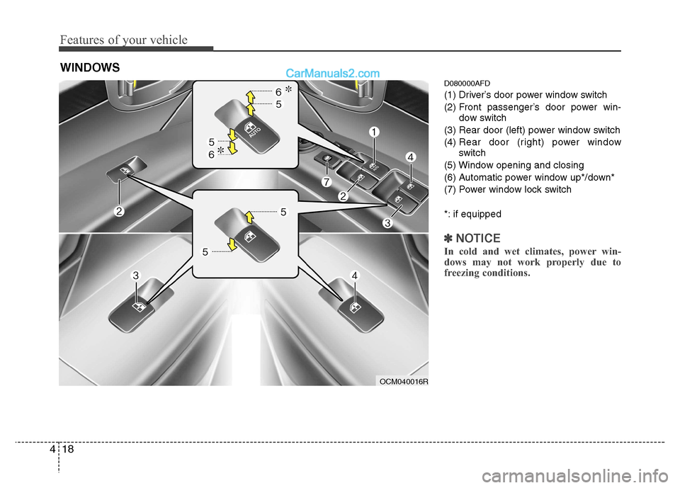 Hyundai Santa Fe 2011  Owners Manual - RHD (UK, Australia) Features of your vehicle
18
4
D080000AFD 
(1) Driver’s door power window switch
(2) Front passenger’s door power win-
dow switch
(3) Rear door (left) power window switch(4)  Rear door (right) powe