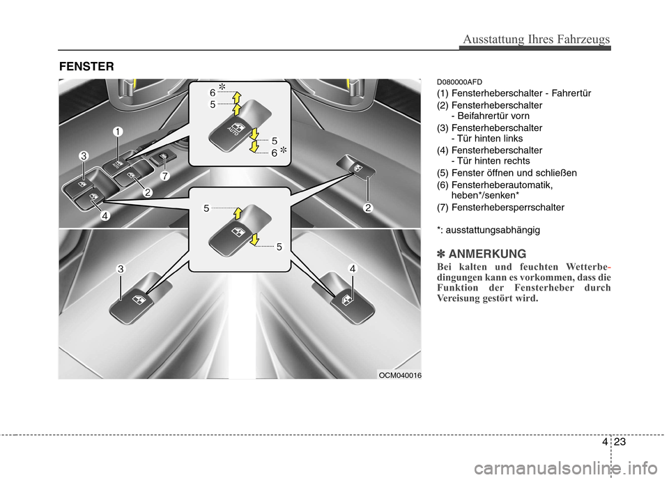 Hyundai Santa Fe 2011  Betriebsanleitung (in German) 423
Ausstattung Ihres Fahrzeugs
D080000AFD 
(1) Fensterheberschalter - Fahrertür
(2) Fensterheberschalter- Beifahrertür vorn
(3) Fensterheberschalter - Tür hinten links
(4) Fensterheberschalter  - 