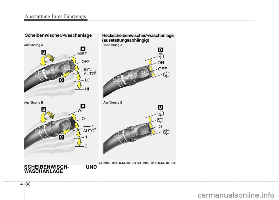 Hyundai Santa Fe 2011  Betriebsanleitung (in German) Ausstattung Ihres Fahrzeugs
80
4
SCHEIBENWISCH- UND 
WASCHANLAGE
OCM040128/OCM040128L/OCM040129/OCM040129L
Scheibenwischer/-waschanlage
Ausführung B
Ausführung AAusführung B
Ausführung A
Heckschei