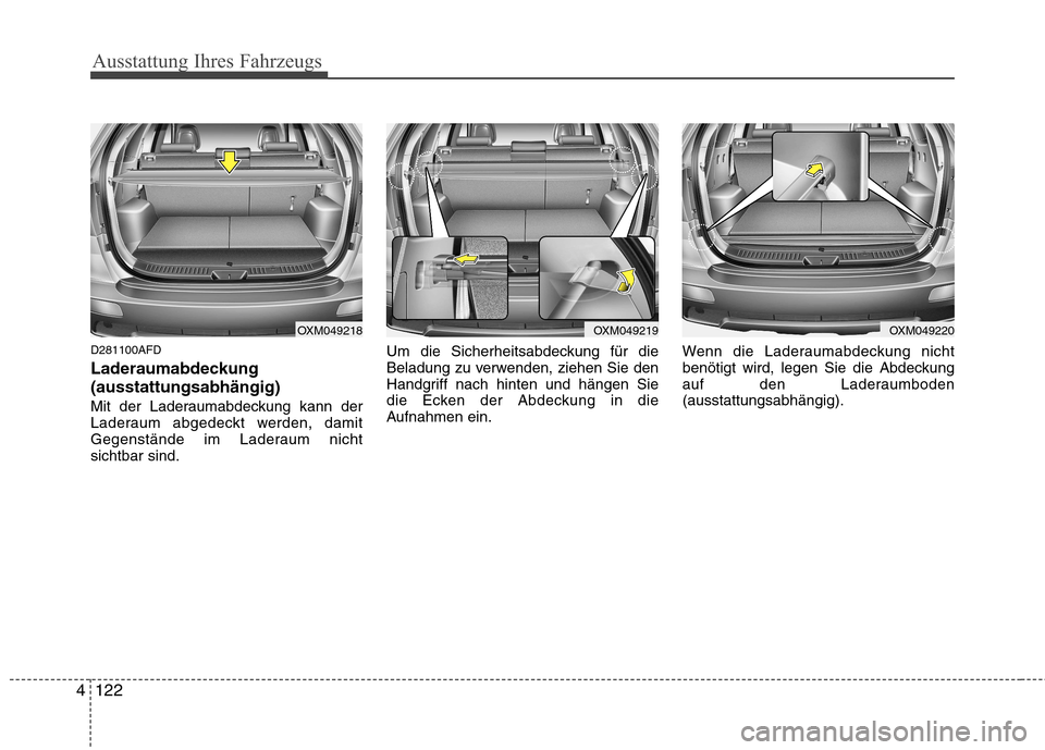 Hyundai Santa Fe 2011  Betriebsanleitung (in German) Ausstattung Ihres Fahrzeugs
122
4
D281100AFD 
Laderaumabdeckung (ausstattungsabhängig)
Mit der Laderaumabdeckung kann der 
Laderaum abgedeckt werden, damit
Gegenstände im Laderaum nichtsichtbar sind