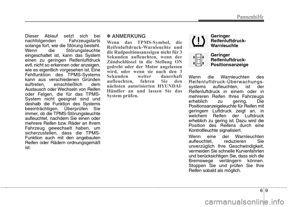 Hyundai Santa Fe 2011  Betriebsanleitung (in German) 69
Pannenhilfe
Dieser Ablauf setzt sich bei 
nachfolgenden Fahrzeugstarts
solange fort, wie die Störung besteht.
Wenn die Störungsleuchteeingeschaltet ist, kann das System
einen zu geringen Reifenlu