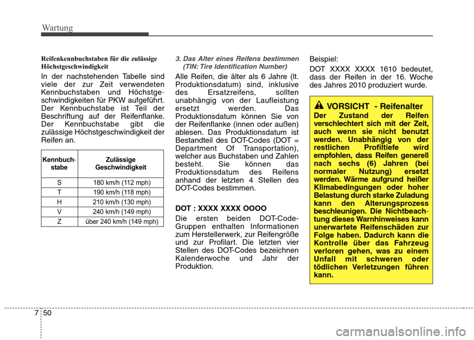 Hyundai Santa Fe 2011 Betriebsanleitung (in German) Wartung
50
7
Reifenkennbuchstaben für die zulässige
Höchstgeschwindigkeit
In der nachstehenden Tabelle sind
viele der zur Zeit verwendeten
Kennbuchstaben und Höchstge
-
schwindigkeiten für P Hyundai Santa Fe 2011 Betriebsanleitung (in German) Wartung
50
7
Reifenkennbuchstaben für die zulässige
Höchstgeschwindigkeit
In der nachstehenden Tabelle sind
viele der zur Zeit verwendeten
Kennbuchstaben und Höchstge
-
schwindigkeiten für P