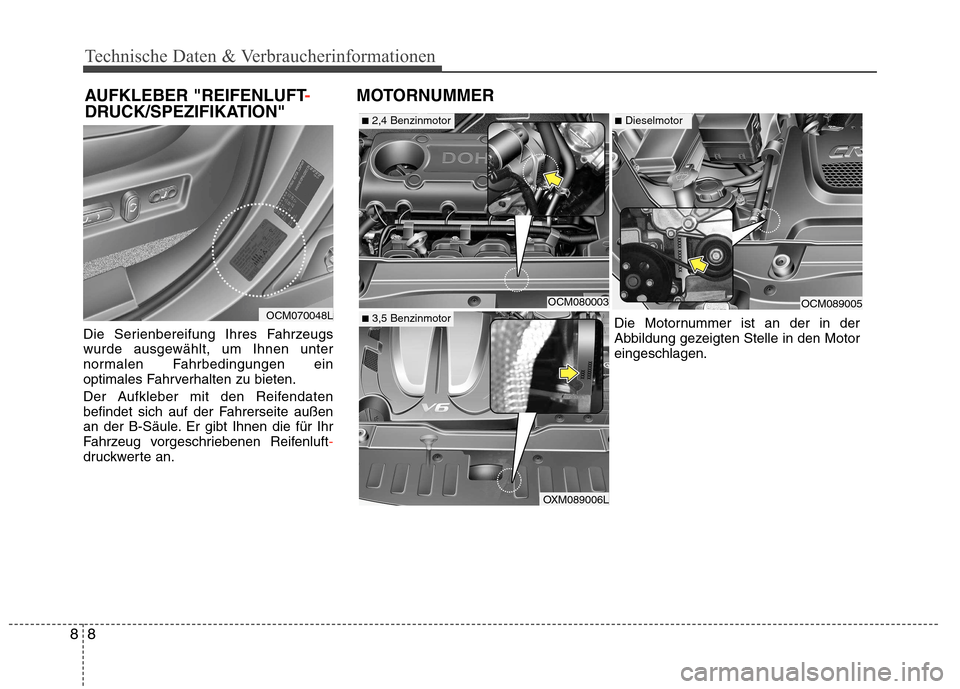Hyundai Santa Fe 2011  Betriebsanleitung (in German) Technische Daten & Verbraucherinformationen
8
8
Die Serienbereifung Ihres Fahrzeugs 
wurde ausgewählt, um Ihnen unter
normalen Fahrbedingungen ein
optimales Fahrverhalten zu bieten. 
Der Aufkleber mi