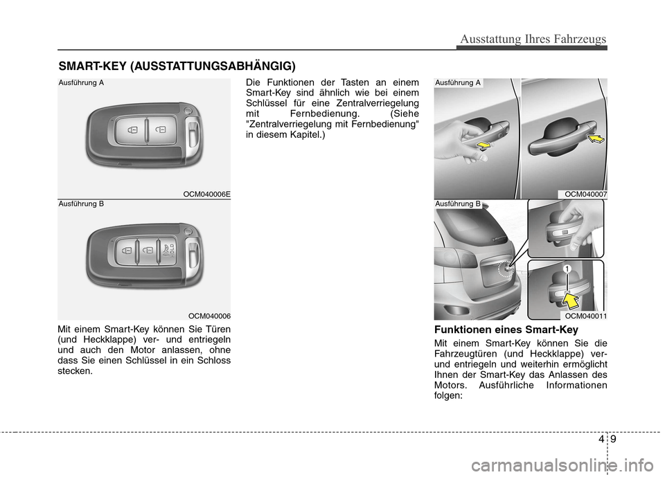 Hyundai Santa Fe 2011  Betriebsanleitung (in German) 49
Ausstattung Ihres Fahrzeugs
Mit einem Smart-Key können Sie Türen 
(und Heckklappe) ver- und entriegelnund auch den Motor anlassen, ohnedass Sie einen Schlüssel in ein Schloss
stecken.Die Funktio