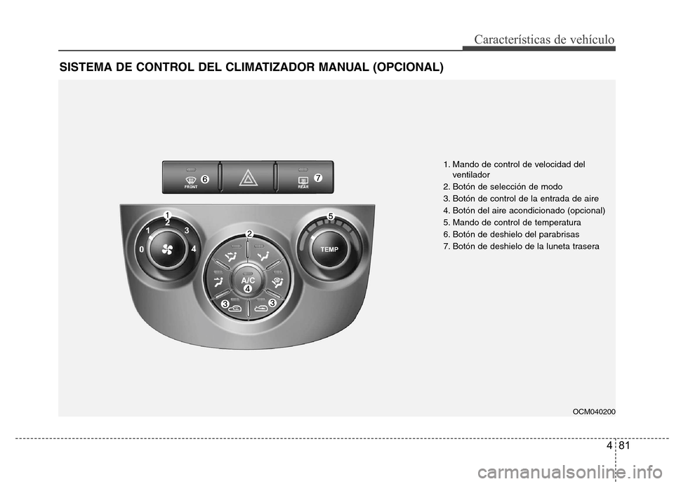 Hyundai Santa Fe 2011  Manual del propietario (in Spanish) 481
Características de vehículo
SISTEMA DE CONTROL DEL CLIMATIZADOR MANUAL (OPCIONAL)
OCM040200
1. Mando de control de velocidad delventilador
2. Botón de selección de modo 
3. Botón de control d