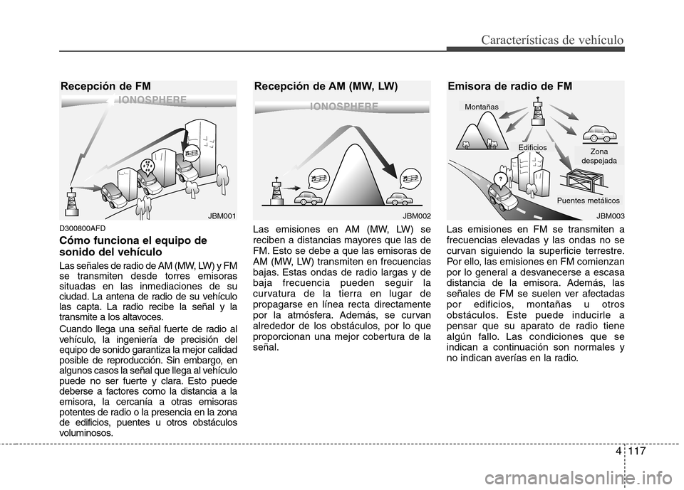 Hyundai Santa Fe 2011 Manual del propietario (in Spanish) 4117
Características de vehículo
D300800AFD Cómo funciona el equipo de sonido del vehículo
Las señales de radio de AM (MW, LW) y FM
se transmiten desde torres emisorassituadas en las inmediacio Hyundai Santa Fe 2011 Manual del propietario (in Spanish) 4117
Características de vehículo
D300800AFD Cómo funciona el equipo de sonido del vehículo
Las señales de radio de AM (MW, LW) y FM
se transmiten desde torres emisorassituadas en las inmediacio