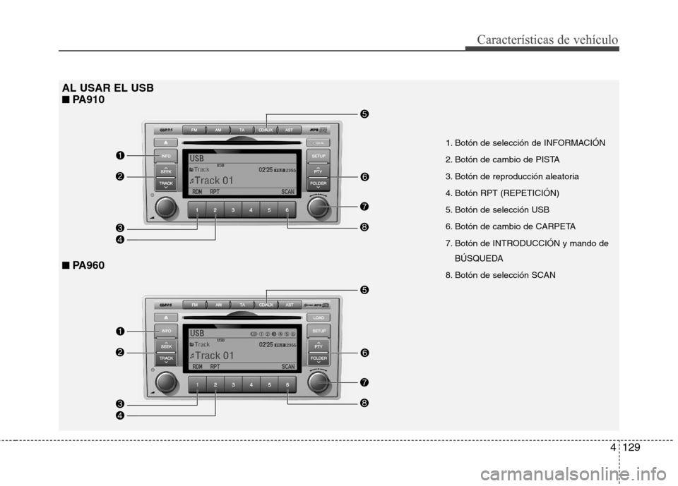 Hyundai Santa Fe 2011  Manual del propietario (in Spanish) 4129
Características de vehículo
AL USAR EL USB■
■   
PA910
■■   
PA960
1. Botón de selección de INFORMACIÓN 
2. Botón de cambio de PISTA
3. Botón de reproducción aleatoria
4. Botón R