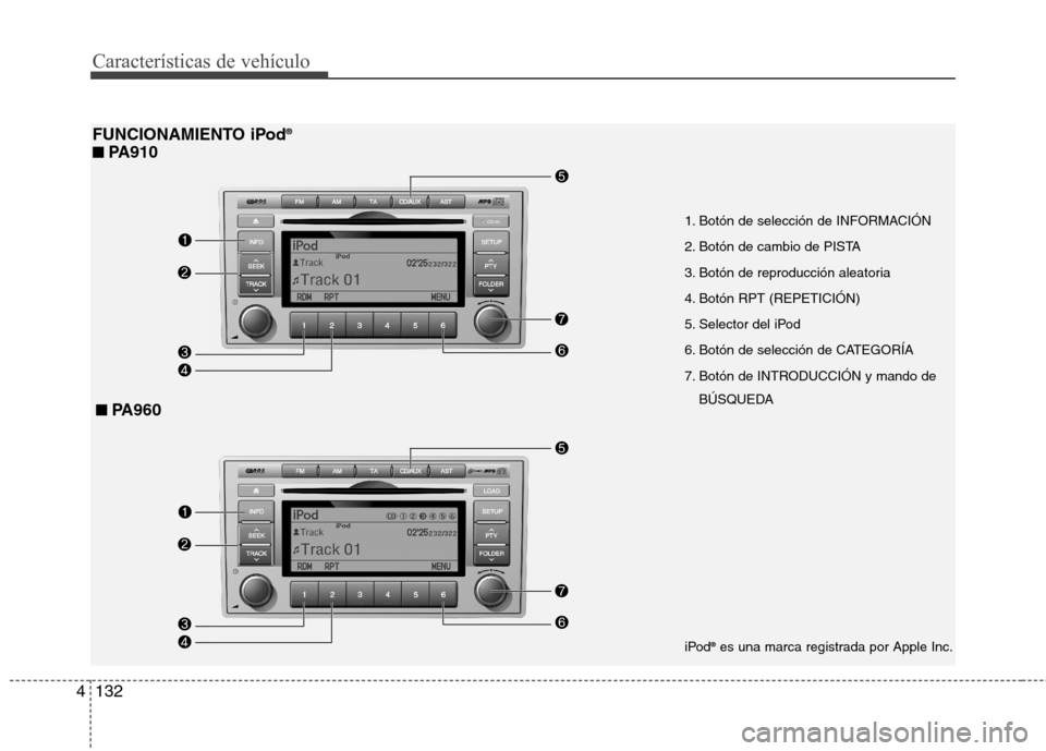Hyundai Santa Fe 2011  Manual del propietario (in Spanish) Características de vehículo
132
4
FUNCIONAMIENTO iPod ®
■
■   
PA910
iPod®
es una marca registrada por Apple Inc.
■■   
PA960
1. Botón de selección de INFORMACIÓN 
2. Botón de cambio d