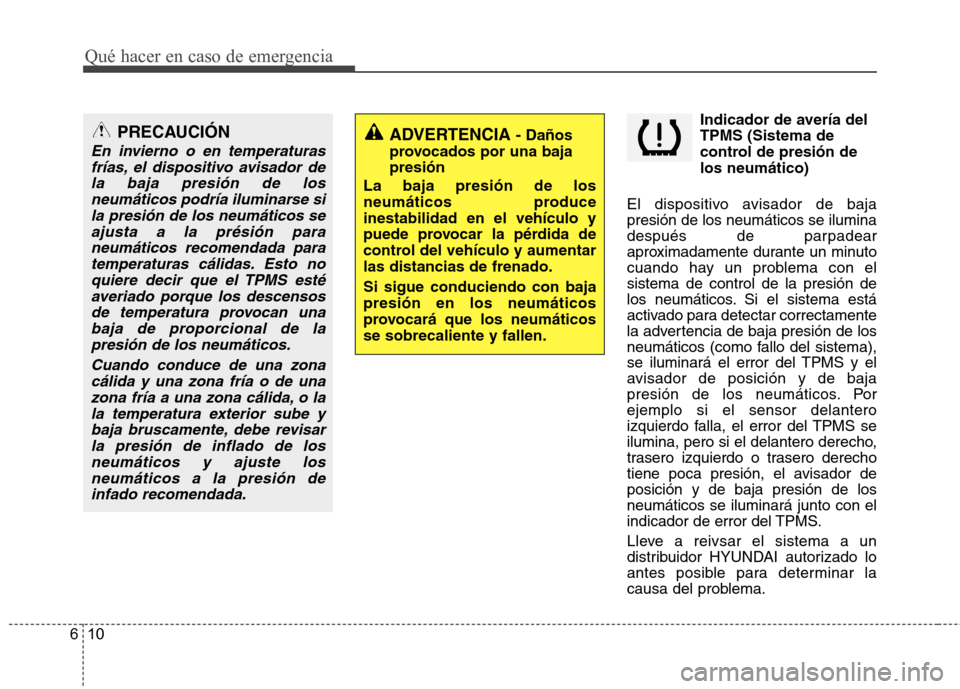 Hyundai Santa Fe 2011  Manual del propietario (in Spanish) Qué hacer en caso de emergencia
10
6
Indicador de avería del TPMS (Sistema de
control de presión delos neumático)
El dispositivo avisador de baja presión de los neumáticos se ilumina
después de