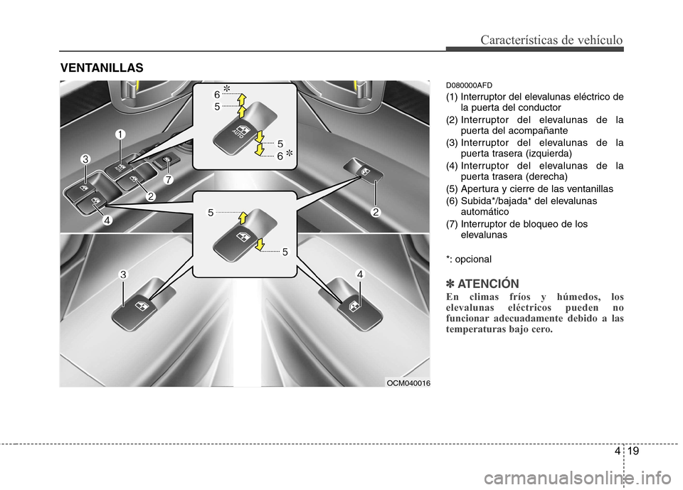 Hyundai Santa Fe 2011  Manual del propietario (in Spanish) 419
Características de vehículo
D080000AFD 
(1) Interruptor del elevalunas eléctrico dela puerta del conductor
(2)  Interruptor del elevalunas de la 
puerta del acompañante
(3)  Interruptor del el