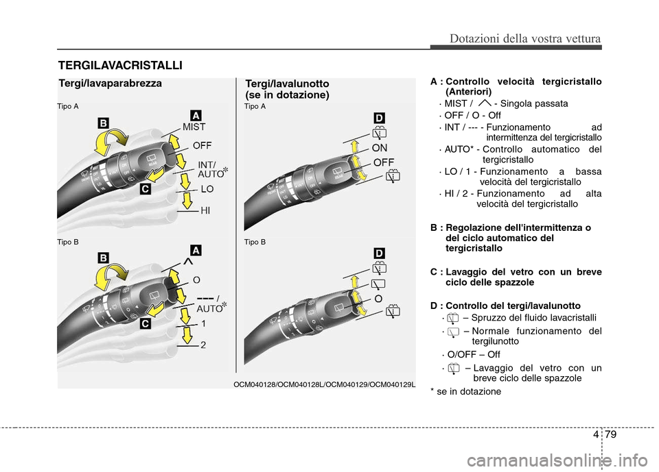 Hyundai Santa Fe 2011  Manuale del proprietario (in Italian) 479
Dotazioni della vostra vettura
A : Controllo velocità tergicristallo(Anteriori)
· MIST /  - Singola passata · OFF / O - Off· INT / ---
- Funzionamento ad 
intermittenza del tergicristallo
· A
