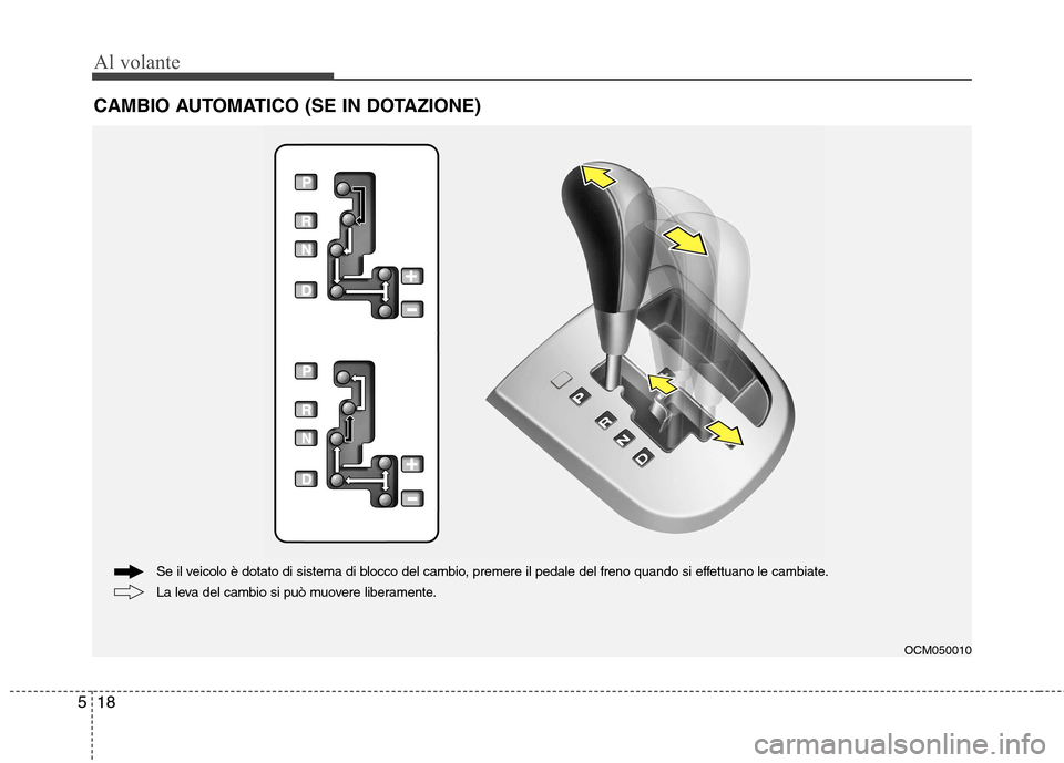 Hyundai Santa Fe 2011  Manuale del proprietario (in Italian) Al volante
18
5
CAMBIO AUTOMATICO (SE IN DOTAZIONE)
OCM050010
La leva del cambio si può muovere liberamente.
Se il veicolo è dotato di sistema di blocco del cambio, premere il pedale del freno quand