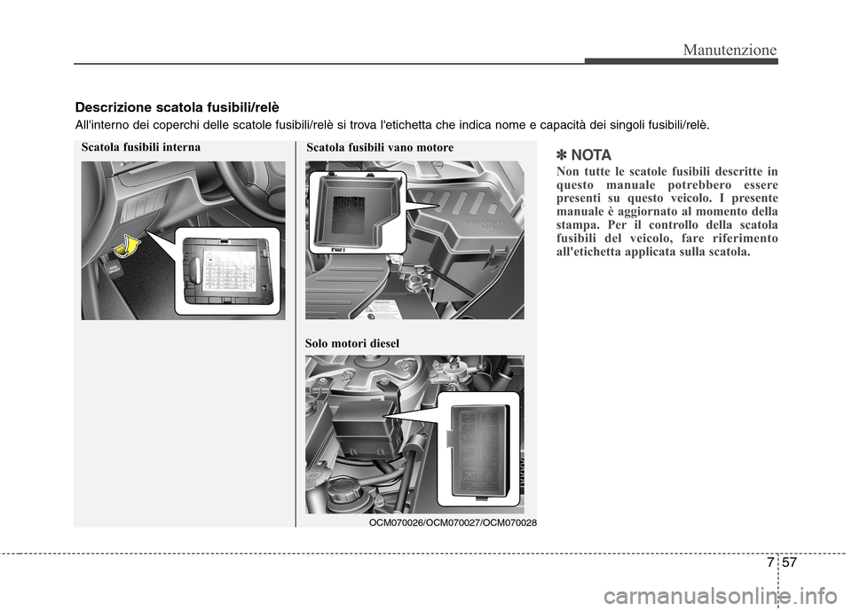 Hyundai Santa Fe 2011  Manuale del proprietario (in Italian) 757
Manutenzione
✽✽NOTA
Non tutte le scatole fusibili descritte in 
questo manuale potrebbero essere
presenti su questo veicolo. I presente
manuale è aggiornato al momento della
stampa. Per il co