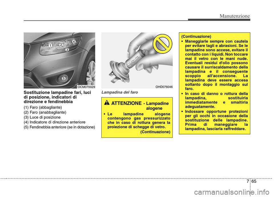 Hyundai Santa Fe 2011  Manuale del proprietario (in Italian) 765
Manutenzione
Sostituzione lampadine fari, luci 
di posizione, indicatori di
direzione e fendinebbia 
(1) Faro (abbagliante) 
(2) Faro (anabbagliante)(3) Luce di posizione
(4) Indicatore di direzio