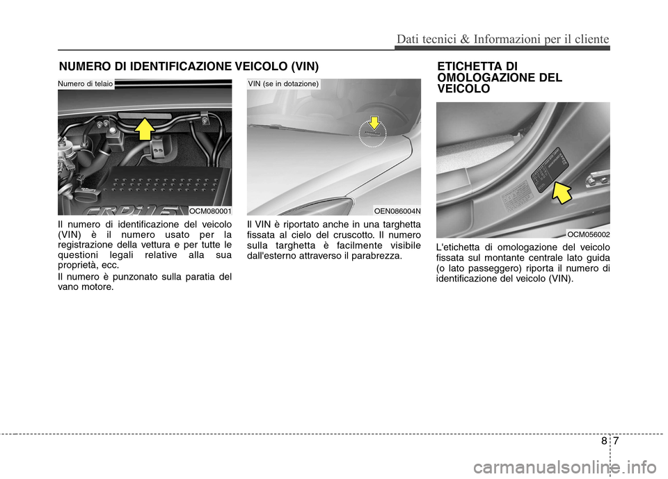 Hyundai Santa Fe 2011  Manuale del proprietario (in Italian) 87
Dati tecnici & Informazioni per il cliente
NUMERO DI IDENTIFICAZIONE VEICOLO (VIN)
Il numero di identificazione del veicolo 
(VIN) è il numero usato per la
registrazione della vettura e per tutte 