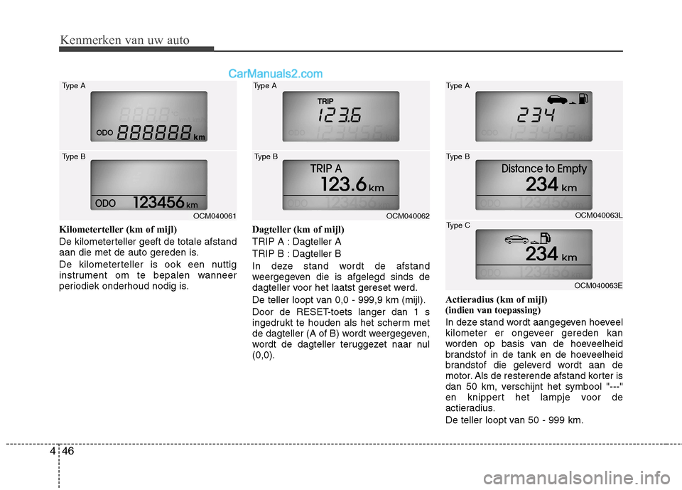 Hyundai Santa Fe 2011  Handleiding (in Dutch) Kenmerken van uw auto
46
4
Kilometerteller (km of mijl) 
De kilometerteller geeft de totale afstand 
aan die met de auto gereden is. 
De kilometerteller is ook een nuttig 
instrument om te bepalen wan