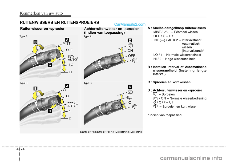 Hyundai Santa Fe 2011  Handleiding (in Dutch) Kenmerken van uw auto
74
4
A : Snelheidsregelknop ruitenwissers
· 
MIST /  – Eénmaal wissen
· OFF / O – Uit 
· INT (---) / AUTO* – Intervalstand/ Automatisch wissen
(Intervalstand)*
· LO / 