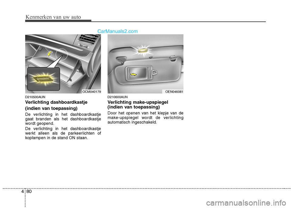 Hyundai Santa Fe 2011  Handleiding (in Dutch) Kenmerken van uw auto
80
4
D210500AUN 
Verlichting dashboardkastje  
(indien van toepassing) 
De verlichting in het dashboardkastje 
gaat branden als het dashboardkastje
wordt geopend. 
De verlichting