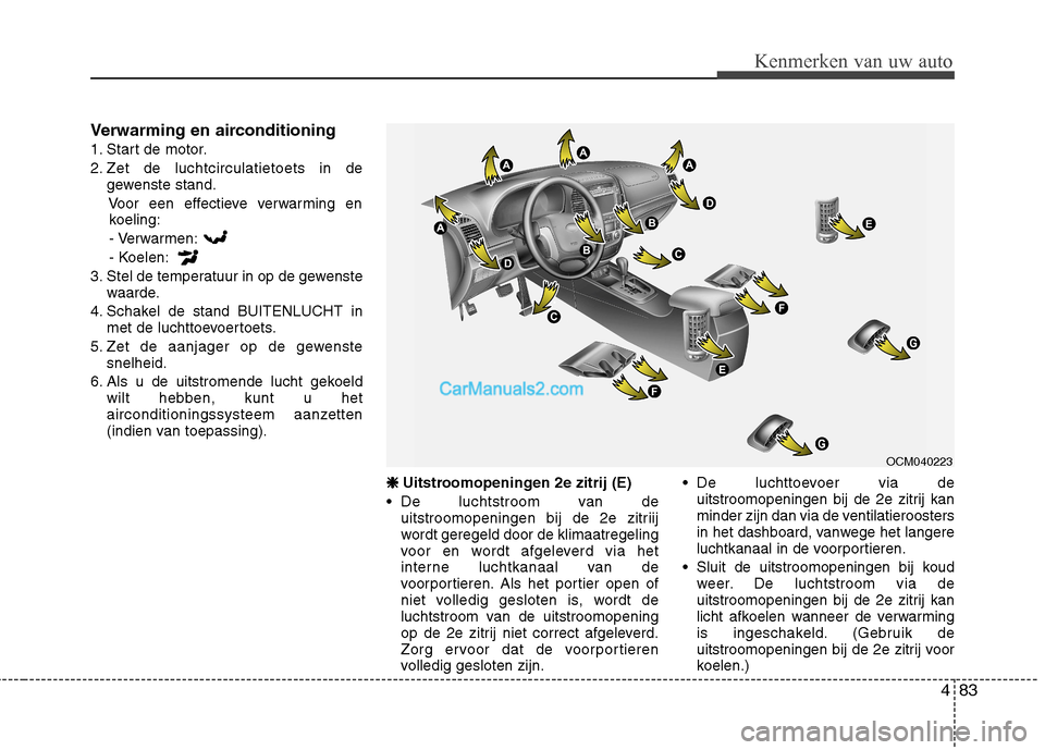 Hyundai Santa Fe 2011  Handleiding (in Dutch) 483
Kenmerken van uw auto
Verwarming en airconditioning 
1. Start de motor.
2. Zet de luchtcirculatietoets in degewenste stand.
Voor een effectieve verwarming enkoeling:
- Verwarmen:
- Koelen:
3. Stel