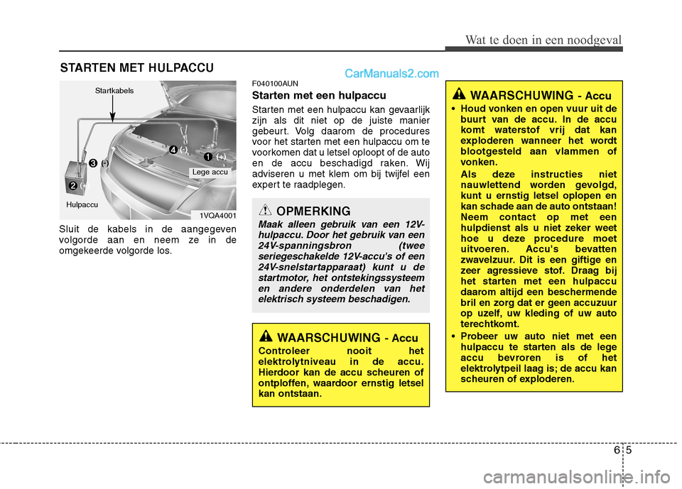 Hyundai Santa Fe 2011  Handleiding (in Dutch) 65
Wat te doen in een noodgeval
STARTEN MET HULPACCU
Sluit de kabels in de aangegeven 
volgorde aan en neem ze in de
omgekeerde volgorde los. F040100AUN 
Starten met een hulpaccu  
Starten met een hul