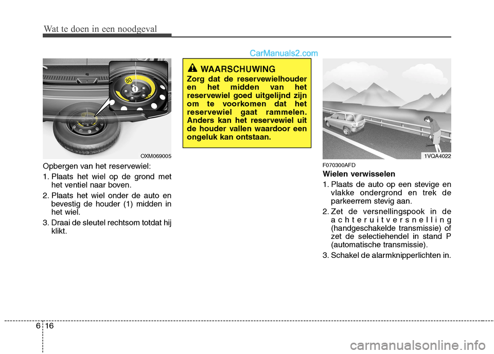 Hyundai Santa Fe 2011  Handleiding (in Dutch) Wat te doen in een noodgeval
16
6
Opbergen van het reservewiel: 
1. Plaats het wiel op de grond met
het ventiel naar boven.
2. Plaats het wiel onder de auto en bevestig de houder (1) midden in het wie