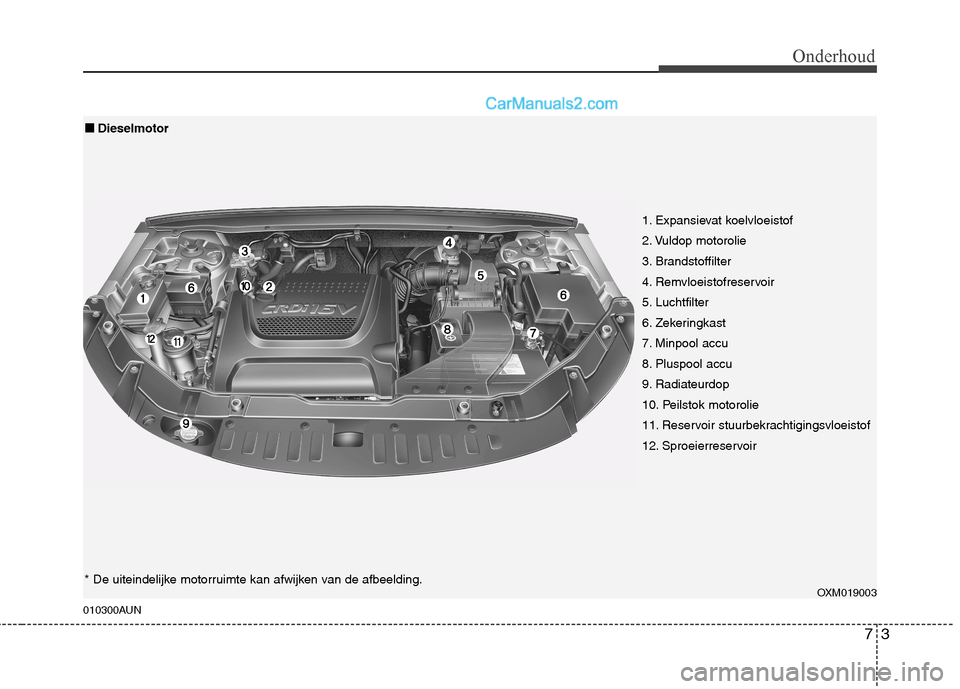 Hyundai Santa Fe 2011  Handleiding (in Dutch) 73
Onderhoud
010300AUN
OXM019003
1. Expansievat koelvloeistof 
2. Vuldop motorolie
3. Brandstoffilter
4. Remvloeistofreservoir
5. Luchtfilter
6. Zekeringkast
7. Minpool accu
8. Pluspool accu
9. Radiat
