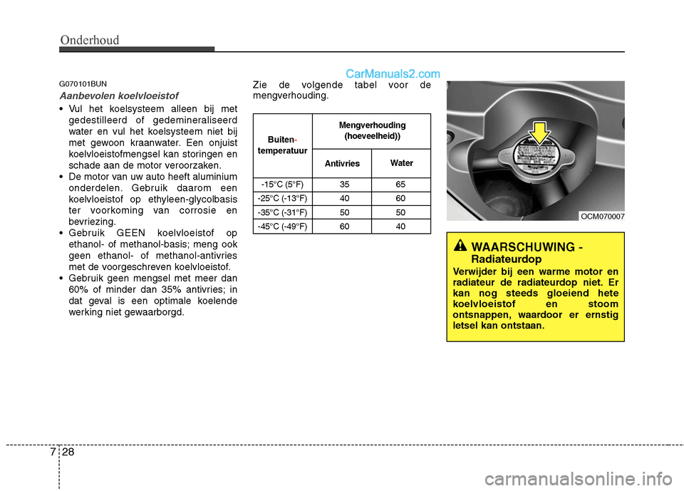 Hyundai Santa Fe 2011  Handleiding (in Dutch) Onderhoud
28
7
WAARSCHUWING - 
Radiateurdop
Verwijder bij een warme motor en 
radiateur de radiateurdop niet. Erkan nog steeds gloeiend hete
koelvloeistof en stoom
ontsnappen, waardoor er ernstigletse