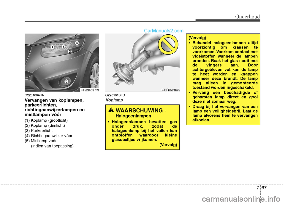 Hyundai Santa Fe 2011  Handleiding (in Dutch) 767
Onderhoud
G220100AUN 
Vervangen van koplampen, 
parkeerlichten,
richtingaanwijzerlampen enmistlampen vóór 
(1) Koplamp (grootlicht) 
(2) Koplamp (dimlicht)
(3) Parkeerlicht
(4) Richtingaanwijzer