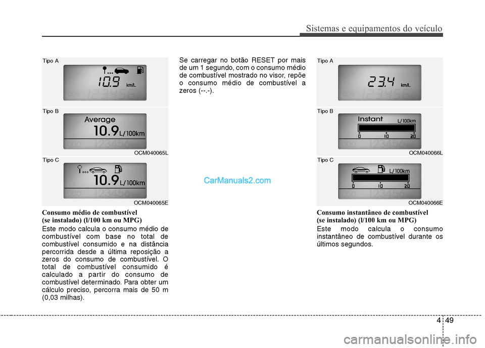 Hyundai Santa Fe 2011  Manual do proprietário (in Portuguese) 449
Sistemas e equipamentos do veículo
Consumo médio de combustível  
(se instalado) (l/100 km ou MPG)  Este modo calcula o consumo médio de 
combustível com base no total de
combustível consumi