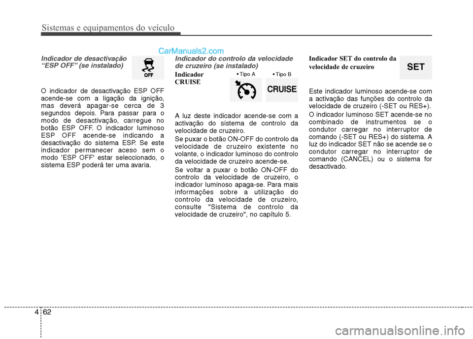 Hyundai Santa Fe 2011  Manual do proprietário (in Portuguese) Sistemas e equipamentos do veículo
62
4
Indicador de desactivação
“ESP OFF” (se instalado)
O indicador de desactivação ESP OFF 
acende-se com a ligação da ignição,
mas deverá apagar-se c
