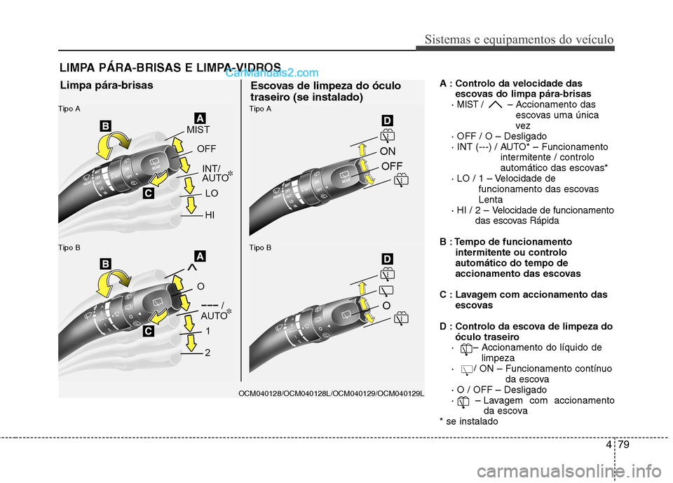 Hyundai Santa Fe 2011  Manual do proprietário (in Portuguese) 479
Sistemas e equipamentos do veículo
A : Controlo da velocidade dasescovas do limpa pára-brisas
· 
MIST /  – Accionamento das 
escovas uma única
vez
· OFF / O – Desligado
· INT (---) / AUT