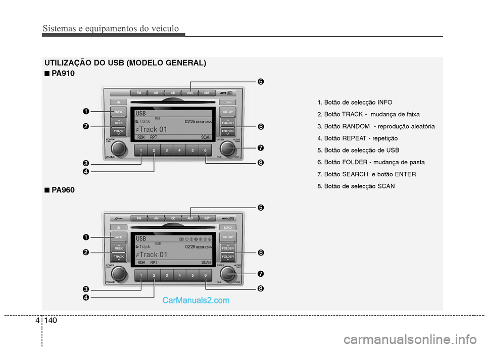 Hyundai Santa Fe 2011  Manual do proprietário (in Portuguese) Sistemas e equipamentos do veículo
140
4
UTILIZAÇÃO DO USB (MODELO GENERAL) ■ PA910
■ PA960
1. Botão de selecção INFO  
2. Botão TRACK -  mudança de faixa 
3. Botão RANDOM  - reprodução
