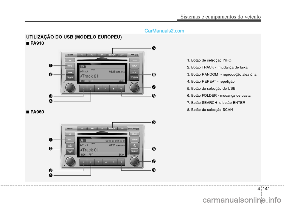 Hyundai Santa Fe 2011  Manual do proprietário (in Portuguese) 4141
Sistemas e equipamentos do veículo
1. Botão de selecção INFO  
2. Botão TRACK -  mudança de faixa 
3. Botão RANDOM  - reprodução aleatória 
4. Botão REPEAT - repetição
5. Botão de s