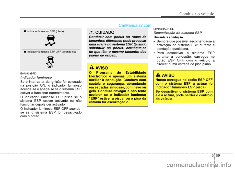 Hyundai Santa Fe 2011  Manual do proprietário (in Portuguese) 539
Conduzir o veículo
E070503BFD
Indicador luminoso
Se o interruptor da ignição for colocado na posição ON, o indicador luminosoacende-se e apaga-se se o sistema ESP
estiver a funcionar normalme