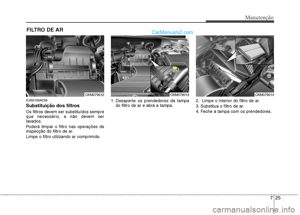 Hyundai Santa Fe 2011  Manual do proprietário (in Portuguese) 725
Manutenção
FILTRO DE AR 
G160100ACM 
Substituição dos filtros 
Os filtros devem ser substituídos sempre 
que necessário, e não devem ser
lavados. 
Poderá limpar o filtro nas operações de
