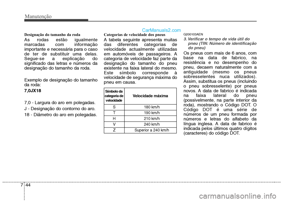 Hyundai Santa Fe 2011  Manual do proprietário (in Portuguese) Manutenção
44
7
Designação do tamanho da roda As rodas estão igualmente 
marcadas com informação
importante e necessária para o caso
de ter de substituir uma delas.
Segue-se a explicação do
