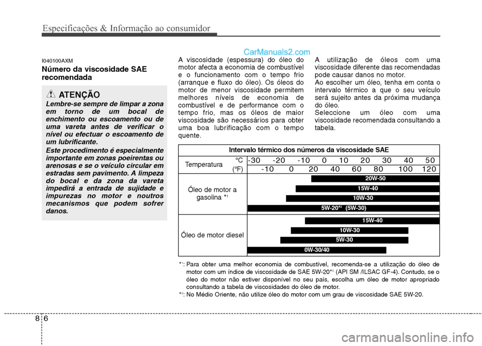 Hyundai Santa Fe 2011  Manual do proprietário (in Portuguese) Especificações & Informação ao consumidor
6
8
I040100AXM 
Número da viscosidade SAE recomendada   A viscosidade (espessura) do óleo do 
motor afecta a economia de combustível
e o funcionamento 