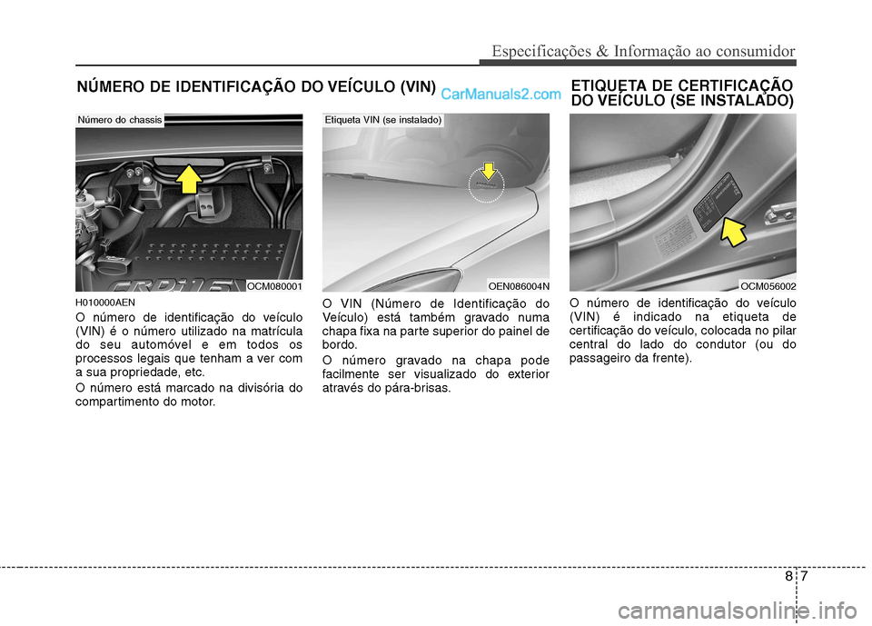 Hyundai Santa Fe 2011  Manual do proprietário (in Portuguese) 87
Especificações & Informação ao consumidor
NÚMERO DE IDENTIFICAÇÃO DO VEÍCULO (VIN)
H010000AEN 
O número de identificação do veículo (VIN) é o número utilizado na matrícula
do seu aut