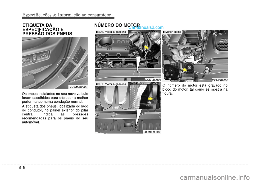 Hyundai Santa Fe 2011  Manual do proprietário (in Portuguese) Os pneus instalados no seu novo veículo 
foram escolhidos para oferecer a melhor
performance numa condução normal. 
A etiqueta dos pneus, localizada do lado 
do condutor, no painel exterior do pila