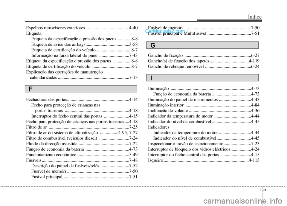 Hyundai Santa Fe 2011  Manual do proprietário (in Portuguese) I5
Índice
Espelhos retrovisores exteriores ......................................4-40 Etiqueta
Etiqueta da especificação e pressão dos pneus ............8-8
Etiqueta de aviso dos airbags..........
