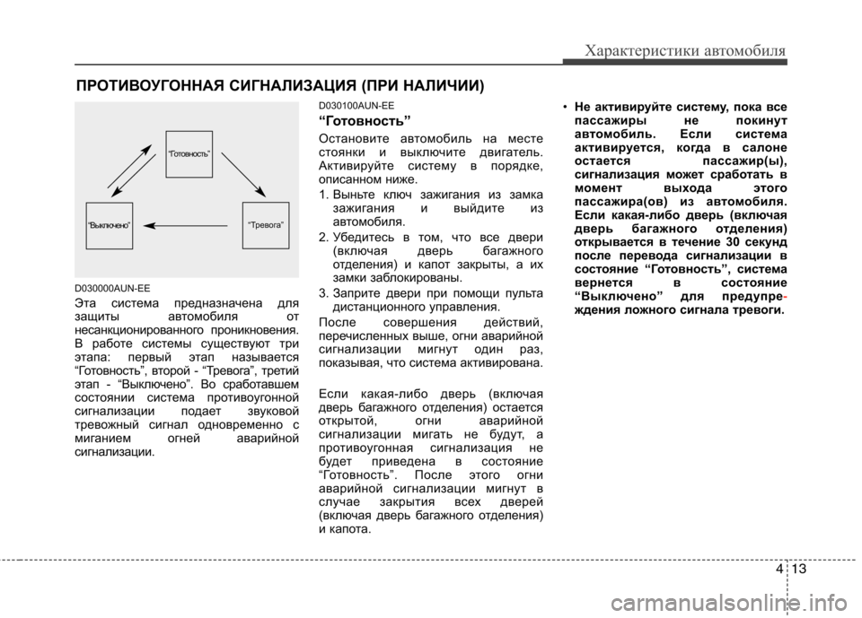 Hyundai Santa Fe 2011  Инструкция по эксплуатации (in Russian) 413
Характеристики автомобиля
D030000AUN-EE 
Эта система предназначена для 
защиты автомобиля от
несанкционированн