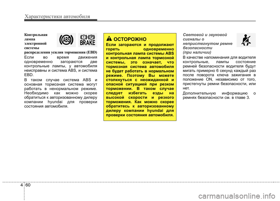 Hyundai Santa Fe 2011  Инструкция по эксплуатации (in Russian) Характеристики автомобиля
60
4
Контрольная 
лампа
электронной
системы
распределения усилия торможения (EBD) 
Ес