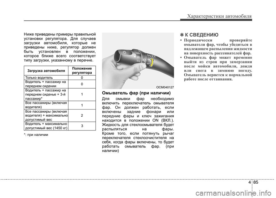 Hyundai Santa Fe 2011  Инструкция по эксплуатации (in Russian) 485
Характеристики автомобиля
Ниже приведены примеры правильной 
установки регулятора. Для случаев
загрузки 