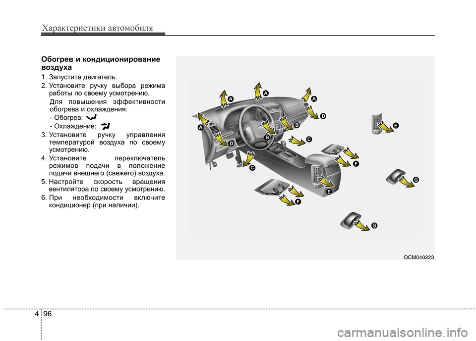 Hyundai Santa Fe 2011  Инструкция по эксплуатации (in Russian) Характеристики автомобиля
96
4
Обогрев и кондиционирование 
воздуха 
1. Запустите двигатель. 
2. Установите ручк